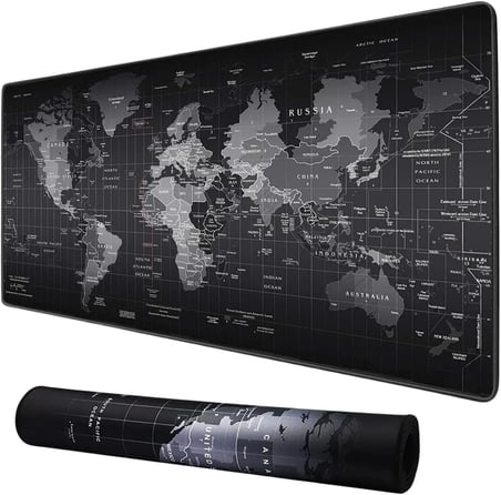 Dünya Haritası Mouse Pad 60x30 cm, Gaming Masa Pedi 3 mm, Kaymaz Kauçuk Tabanlı Desk Mat, Dikişli Kenar Kumaş Yüzey, Klavye ve Mouse Altlığı, Oyuncu ve Ofis Masası için Siyah