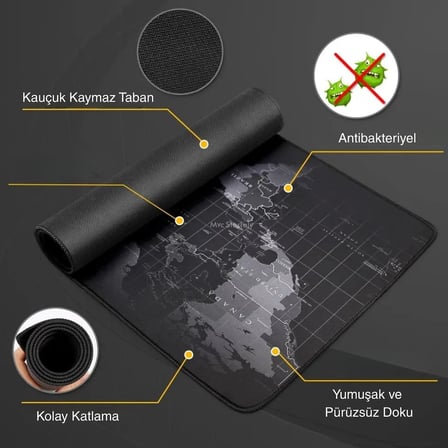 Dünya Haritası Mouse Pad 60x30 cm, Gaming Masa Pedi 3 mm, Kaymaz Kauçuk Tabanlı Desk Mat, Dikişli Kenar Kumaş Yüzey, Klavye ve Mouse Altlığı, Oyuncu ve Ofis Masası için Siyah