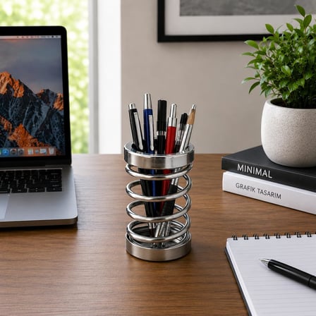 Metal Spiral Kalemlik, Paslanmaz Çelik Yay Tasarımlı Masaüstü Kalemlik, Gümüş Ofis Kalem Tutucu, Modern Masa Düzenleyici Organizer, 12 cm