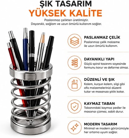 Metal Spiral Kalemlik, Paslanmaz Çelik Yay Tasarımlı Masaüstü Kalemlik, Gümüş Ofis Kalem Tutucu, Modern Masa Düzenleyici Organizer, 12 cm