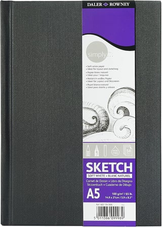Daler-Rowney Simply Medium Grain 100 g/m² sert kapak, A5 eskiz defteri, yumuşak beyaz, 54 yaprak, giriş seviyesi eskiz defteri, öğrenciler ve hobiler için ideal