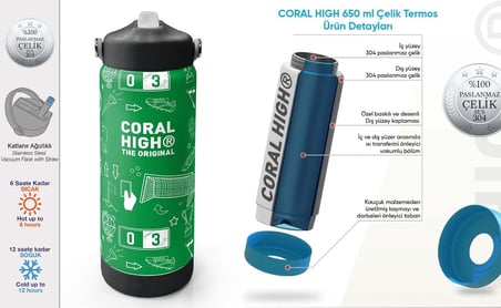 650 ml Erkek Çocuk Yeşil Futbol Baskılı Çelik Suluk/Matara (Pipetli) 38329