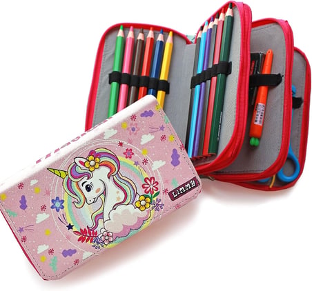 Kalem Kutusu Unicorn Bahar Temalı Kawai Organizer Kalemkutu Vegan Deri Üç Bölmeli Kalemlik- Pembe
