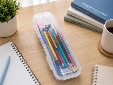 Şeffaf Kalem Kutusu Kilitli Plastik Kalemlik Organizer – Kırtasiye Saklama Kutusu - 1 Adet