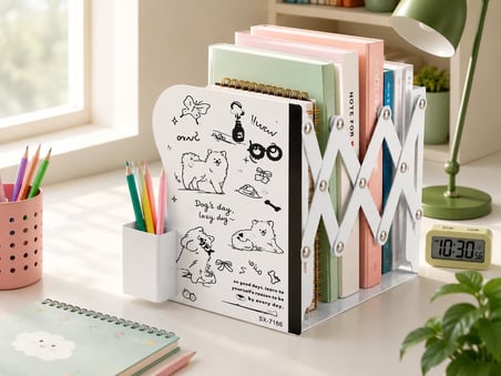 Karikatür Baskılı Teleskopik Metal Kitap Tutucu, Masaüstü Kitap Desteği ve Raf Düzenleyici Stand, 10-50 cm Genişleyebilir, Mıknatıslı Kalemlik Hediyeli, Dog-2