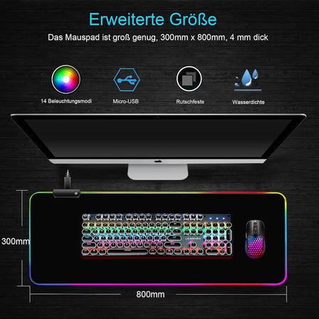 Owege Oyun fare altlığı XXL 800 x 300 mm RGB fare altlığı, büyük, 14 aydınlatma modu, 7 LED renk, dikişli kenarlar, su geçirmez, kaymaz, hassasiyeti artırır, komple siyah