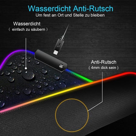 Owege Oyun fare altlığı XXL 800 x 300 mm RGB fare altlığı, büyük, 14 aydınlatma modu, 7 LED renk, dikişli kenarlar, su geçirmez, kaymaz, hassasiyeti artırır, komple siyah