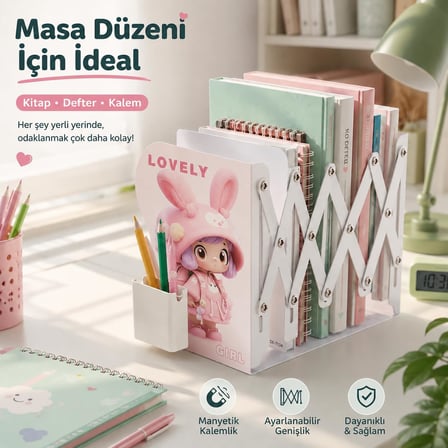 Ayarlanabilir Baskılı Teleskopik Metal Kitap Tutucu, Masaüstü Kitap Desteği ve Raf Düzenleyici Stand, 10-50 cm Genişleyebilir, Mıknatıslı Kalemlik Hediyeli, Pembe