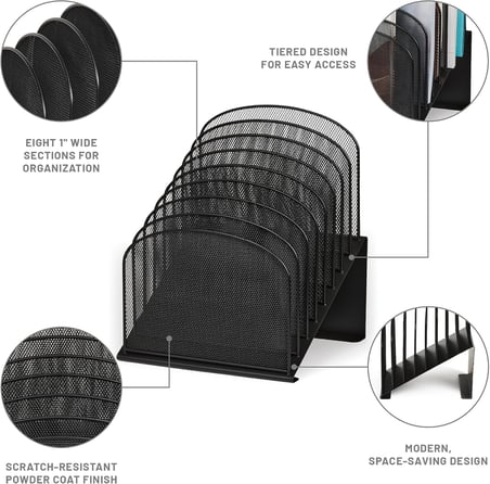 Ürünler Onyx Mesh 8 Katmanlı Dikey Masaüstü Organizatör 3258BL, Siyah Toz Boya Kaplama, Dayanıklı Çelik Hasır İnşaat, Yerden Tasarruf Sağlayan İşlevsellik
