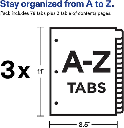 3 Halka Bağlayıcı için A-Z Tab Bölücüler, Özelleştirilebilir İçindekiler, Çok Renkli Sekmeler, 3 Takım (44225)