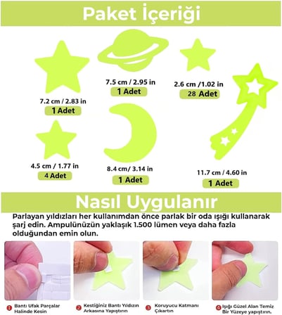 Karanlıkta Parlayan Fosforlu Ay ve Yıldız Tasarımlı Dekoratif (36 Adet Gezegen Yıldız)