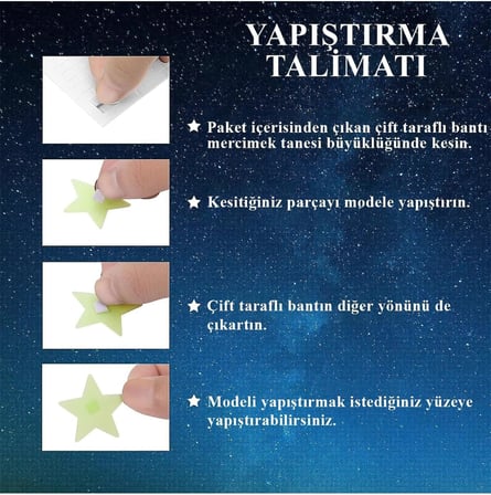 Karanlıkta Parlayan Fosforlu Ay ve Yıldız Tasarımlı Dekoratif (36 Adet Gezegen Yıldız)