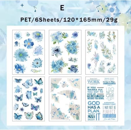 Kolbi Craft 6 Sayfa 60 Adet Şeffaf Büyük Mavi Çiçek Sticker Bullet Journal Scrapbook Laptop Ajanda Planlayıcı