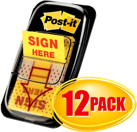 Post-it Mesaj "Sign Here" Bayrakları Değer Paketi, 50/Dispenser, 12 Dispenser/Paket, 1" Geniş, Sarı (680-SH12)