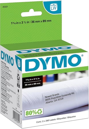 LabelWriter Etiket Yazıcıları için LW Büyük Posta Adresi Etiketleri, Beyaz, 1-4/10'' x 3-1/2'', Büyük, 260'lık 2 Rulo