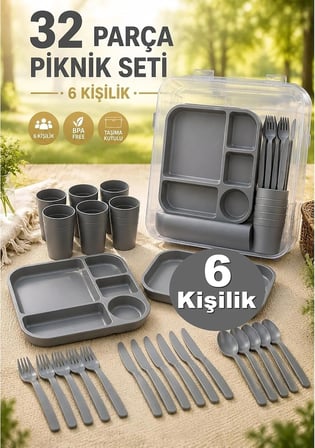 32 Parça Piknik Seti 6 Kişilik Taşıma Kabı Dahil, Gri