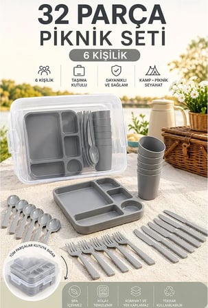 32 Parça Piknik Seti 6 Kişilik Taşıma Kabı Dahil, Gri