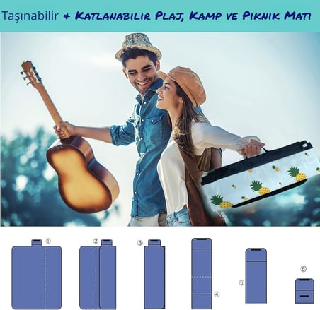 Plaj Havlusu, Piknik Örtüsü, Plaj Matı, Çantalı Plaj Hasırı,Kamp Battaniyesi, Kamp Matı, Katlanabilir, Hafif, Su Geçirmez, Piknik Matı Kum Geçirmez (Ananaslı)