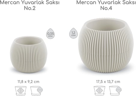 Mercan Yuvarlak Saksı Seti 0,35 litre + 1,2 litre, İç Mekan - Dış Mekan 2li Ekonomik Tabaklı Plastik Saksı Set Latte Renk