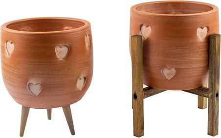 Bitki Tasarımı Ev Dekorasyon Aksesuar Kalp Desenli Toprak Saksı Saksılık Salon Çiçeklik İkili Set 3 Ayaklı- 4 Ayaklı- 19 CM