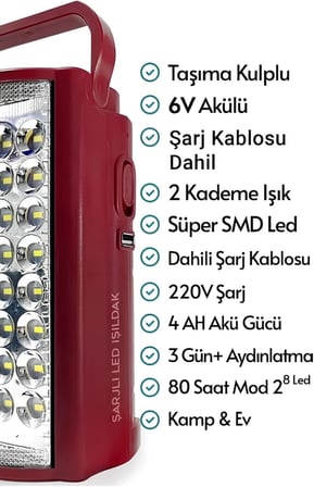 Kamp Lambası ve Portatif Işıldak Usb Şarj 6v Akülü 80 Saat - 3 gün Aydınlatma 24 Smd Led Işıldak Lamba 220v Şarj - USB Şarj Çıkışlı