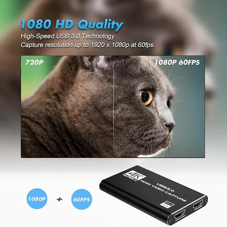 HDMI to USB 3.0 Video Capture Kartı Ses ve Görüntü Yakalama | 4K 60FPS Görüntü Aktarma, Ekstra Güç Gerektirmez, PS3 PS4 PS5 Xbox, Windows ve OS X ile Uyumlu Yayın Kayıt Cihazı, ZR1285, Siyah