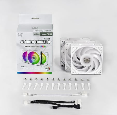 Wonder Tornado 120mm ARGB Beyaz Kasa Fanı 3'lü Paket, 26mm Kalınlık, 2500 RPM, FDB Rulman, Titreşim Önleyici Tasarım, 3-Pin ARGB, 120.000 Saat Ömür, PC ve Sıvı Soğutma Uyumlu
