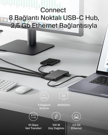 Connect 8 Portlu USB-C Hub, 4K@60Hz’e kadar çözünürlükleri destekleyen ekran uyumu, Mac, Windows ve Chromebook ile çalışır, 100 W PD, 10 Gbps veri aktarım hızı ve 2,5 Gbps Ethernet - Gri