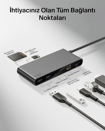 Connect 8 Portlu USB-C Hub, 4K@60Hz’e kadar çözünürlükleri destekleyen ekran uyumu, Mac, Windows ve Chromebook ile çalışır, 100 W PD, 10 Gbps veri aktarım hızı ve 2,5 Gbps Ethernet - Gri