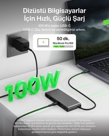 Connect 8 Portlu USB-C Hub, 4K@60Hz’e kadar çözünürlükleri destekleyen ekran uyumu, Mac, Windows ve Chromebook ile çalışır, 100 W PD, 10 Gbps veri aktarım hızı ve 2,5 Gbps Ethernet - Gri