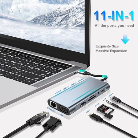 USB C HUB, Yerleştirme İstasyonu, 11'i 1 arada USB C Adaptörü, 4K HDMI, VGA, USB 3.0 Bağlantı Noktaları, C Tipi PD, Gigablit Ethernet RJ45, SD/TF Kartları, 3,5 mm AUX, MacBook Pro/Air ile Uyumlu, Daha