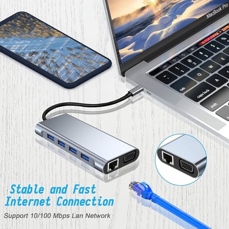 USB C HUB, Yerleştirme İstasyonu, 11'i 1 arada USB C Adaptörü, 4K HDMI, VGA, USB 3.0 Bağlantı Noktaları, C Tipi PD, Gigablit Ethernet RJ45, SD/TF Kartları, 3,5 mm AUX, MacBook Pro/Air ile Uyumlu, Daha