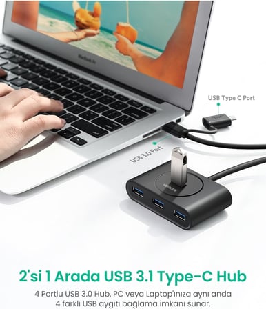 USB A/USB C to 4 Port USB 3.0 Hub Çoklayıcı Siyah 1 Metre