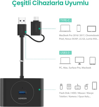 USB A/USB C to 4 Port USB 3.0 Hub Çoklayıcı Siyah 1 Metre