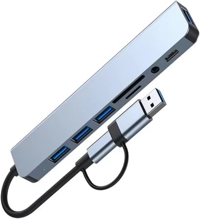 1060 8 in 2 USB-C & USB 3.0 Hub Çoklayıcı USB, Type-C, SD/TF ve Aux Çevirici x USB 3.0: 5Gbps ultra hızlı veri transferi. Klavye, mouse ve yazıcılar için stabil bağlantı.