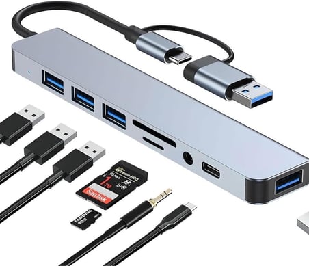 1060 8 in 2 USB-C & USB 3.0 Hub Çoklayıcı USB, Type-C, SD/TF ve Aux Çevirici x USB 3.0: 5Gbps ultra hızlı veri transferi. Klavye, mouse ve yazıcılar için stabil bağlantı.