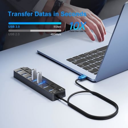Çoklu Port USB 3.0 Hub Adaptörü, Anahtarlı ve Işıklı Çoklu Bağlantı Noktası Bölücü, USB Güç Adaptörü