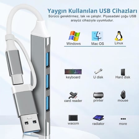 3360 Usb 3.0 Type C Hub 4 Port Çoklayıcı Çoğaltıcı Çevirici Dönüştürücü Adaptör 2'si 1 Arada USB & Type-C 4 Portlu Hub USB Type-A & USB Type-C (Hibrit Tasarım) 5 Gbps (USB 3.0 Destekli)