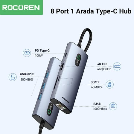 8 Portlu 4K 30Hz Gigabit Ethernet SD TF Kart Okuyuculu 3*USB3.0 PD 100W Destekli Hub Çoklayıcı