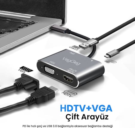Type-C 4K HDMI 1080P VGA USB 3.0 PD Dönüştürücü Çevirici Hub
