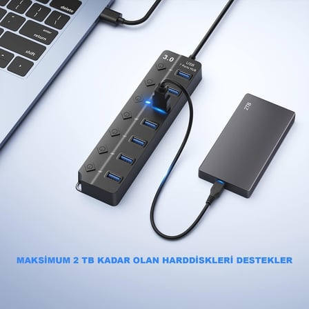 Ga56 USB 3.0 7 Port 5 Gbps Çoklayıcı Switch Splitter Hub 1.2 Metre Kablo Açma Kapama Düğmeli