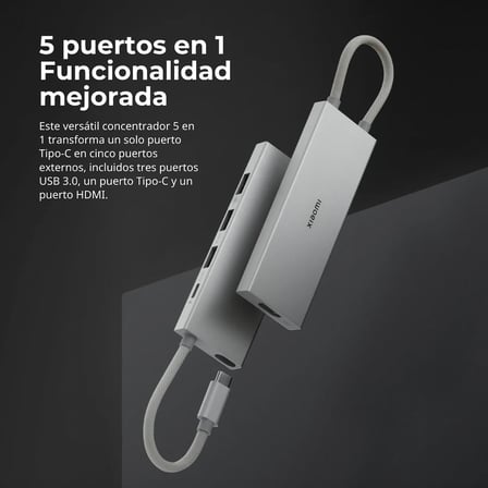 Xiaomi Hub Type C 5'i 1 arada hub, 5 tip (3 USB bağlantı noktası, 1 C tipi bağlantı noktası ve bir HDMI bağlantısı), Windows, Andorid, MacOS ve Linux ile uyumlu, yüksek veri okuma hızı, 4K UHD