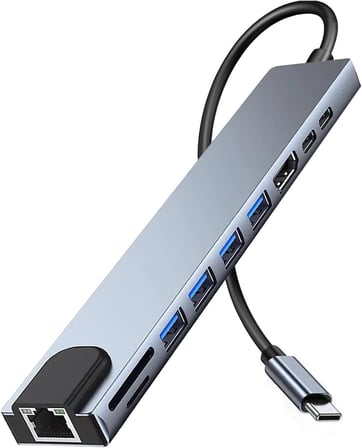 10-in-1 USB C Çoklayıcı, HDMI, RJ45 Ethernet, SD/TF Kart, USB 3.0/2.0 Bağlantı Noktaları, 100W PD Şarj, Gümüş