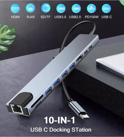 10-in-1 USB C Çoklayıcı, HDMI, RJ45 Ethernet, SD/TF Kart, USB 3.0/2.0 Bağlantı Noktaları, 100W PD Şarj, Gümüş