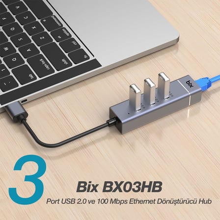 BX03HB USB 2.0 Hub 3 Port ve RJ45 Ethernet Adaptör 10/100Mbps MacBook Uyumlu Çoklayıcı (3 adet USB 2.0 ve 1 adet Ethernet)