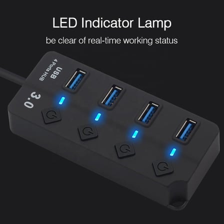 Onezero 1215 Bağımsız Şalterli 4 Portlu Güç Beslemeli USB Hub Çoklayıcı (1x USB 3.0 + 3x USB 2.0) – 1.2 Metre Kablolu Masaüstü Dağıtıcı