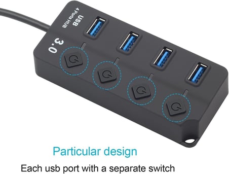 Onezero 1215 Bağımsız Şalterli 4 Portlu Güç Beslemeli USB Hub Çoklayıcı (1x USB 3.0 + 3x USB 2.0) – 1.2 Metre Kablolu Masaüstü Dağıtıcı