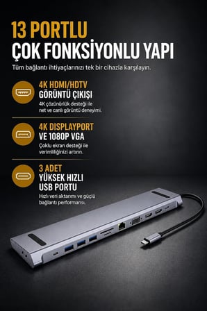13 in 1 Port USB-C Hub 4K HDMI DP VGA 100W PD Ethernet SD ZR1356