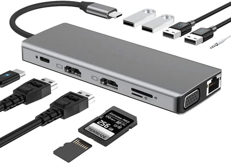 7031 Type C 12'si 1 arada USB C Hub, Çift 4K Video Çıkışı, VGA, RJ45, PD Şarj, SD/TF Kart Okuyucu, USB-A Girişi, 3.5mm Ses Girişi, Tip C Bağlantı İstasyonu