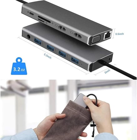 7031 Type C 12'si 1 arada USB C Hub, Çift 4K Video Çıkışı, VGA, RJ45, PD Şarj, SD/TF Kart Okuyucu, USB-A Girişi, 3.5mm Ses Girişi, Tip C Bağlantı İstasyonu